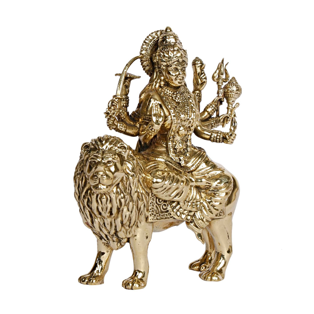 ARTVARKO Brass Maa Durga Idol Sitting On Lion Ma Sherawali Devi Statue Navratra Pital Puja Murti (Small Size 8x4x9.5 cm)
