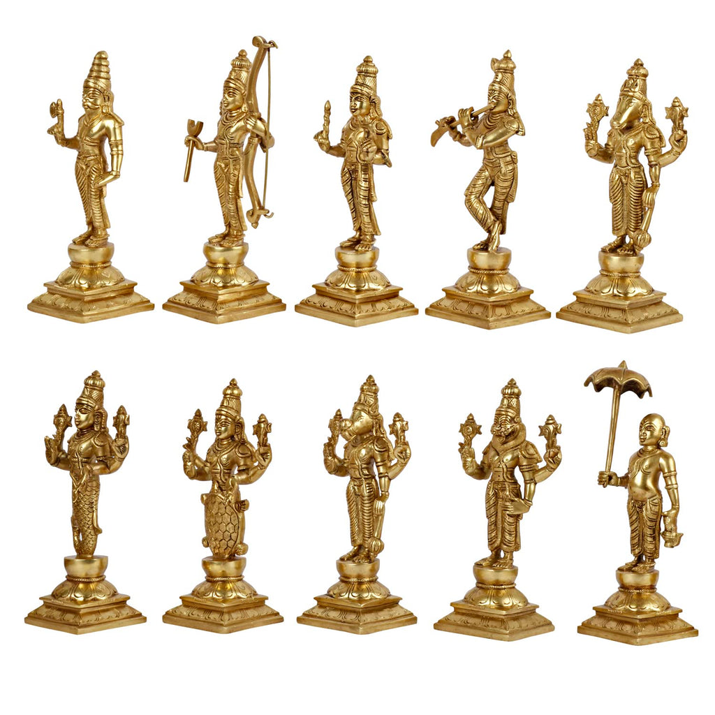 ARTVARKO Brass Dashavatara Dasavatharam of Lord Vishnu Statues Ten Incarnations Avatars Idol Murti for Mandir Puja Temple Height 9.5 Inches.