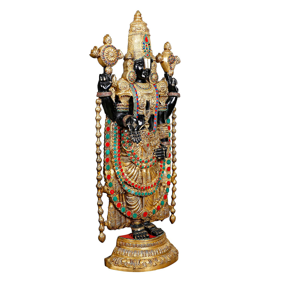 ARTVARKO Big Brass Tirupati Balaji Venkateshwara Idol Vishnu Chakra Namah Shankh Statue Murti Lord Srinivasa Pooja Vastu Religious Idol for Home Office Temple Decor 46 Inch
