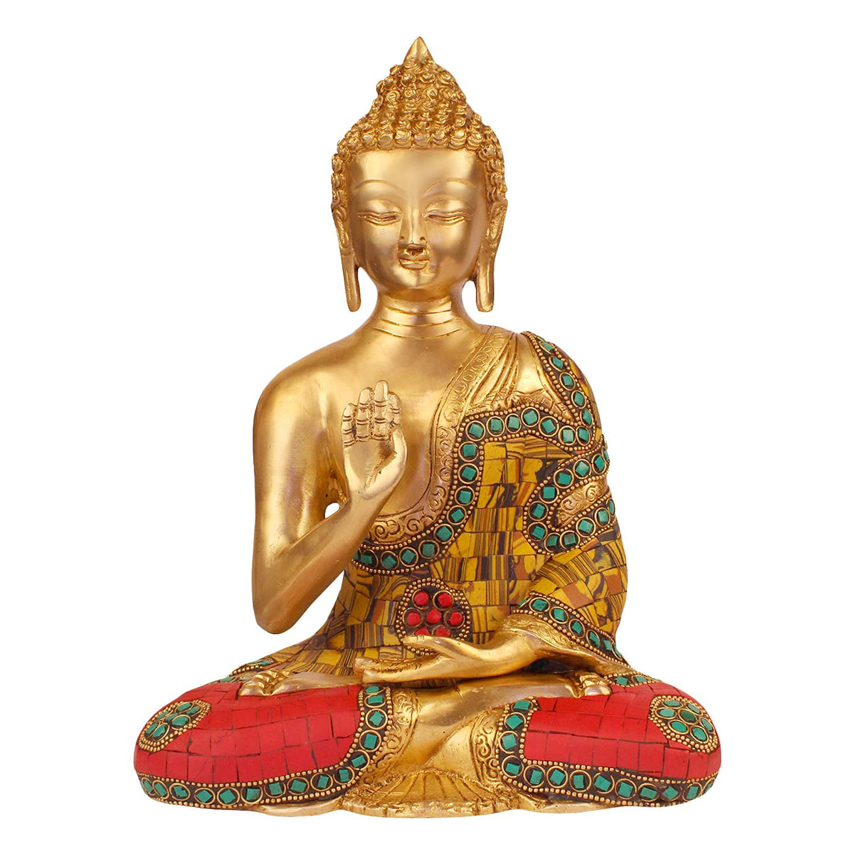 Svarup Brass Gautam Buddha Idol Statue Murti Draped in Stone Embellished Shawl for Home Decoration Blessing Buddha Height 10 Inch Weight 3.6 Kg Color Multicolor
