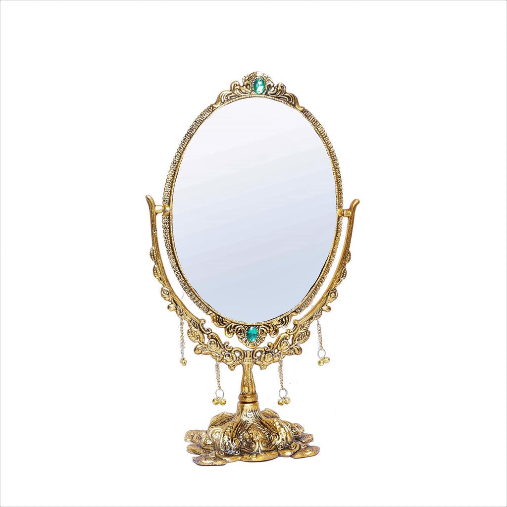 KridayKraft Gold-Plated Double-Sided Oval Metal Table Mirror – Floor-Mounted Unframed Vanity Mirror for Home Décor, Birthday, Anniversary, Wedding & Festive Gifting for Loved Ones