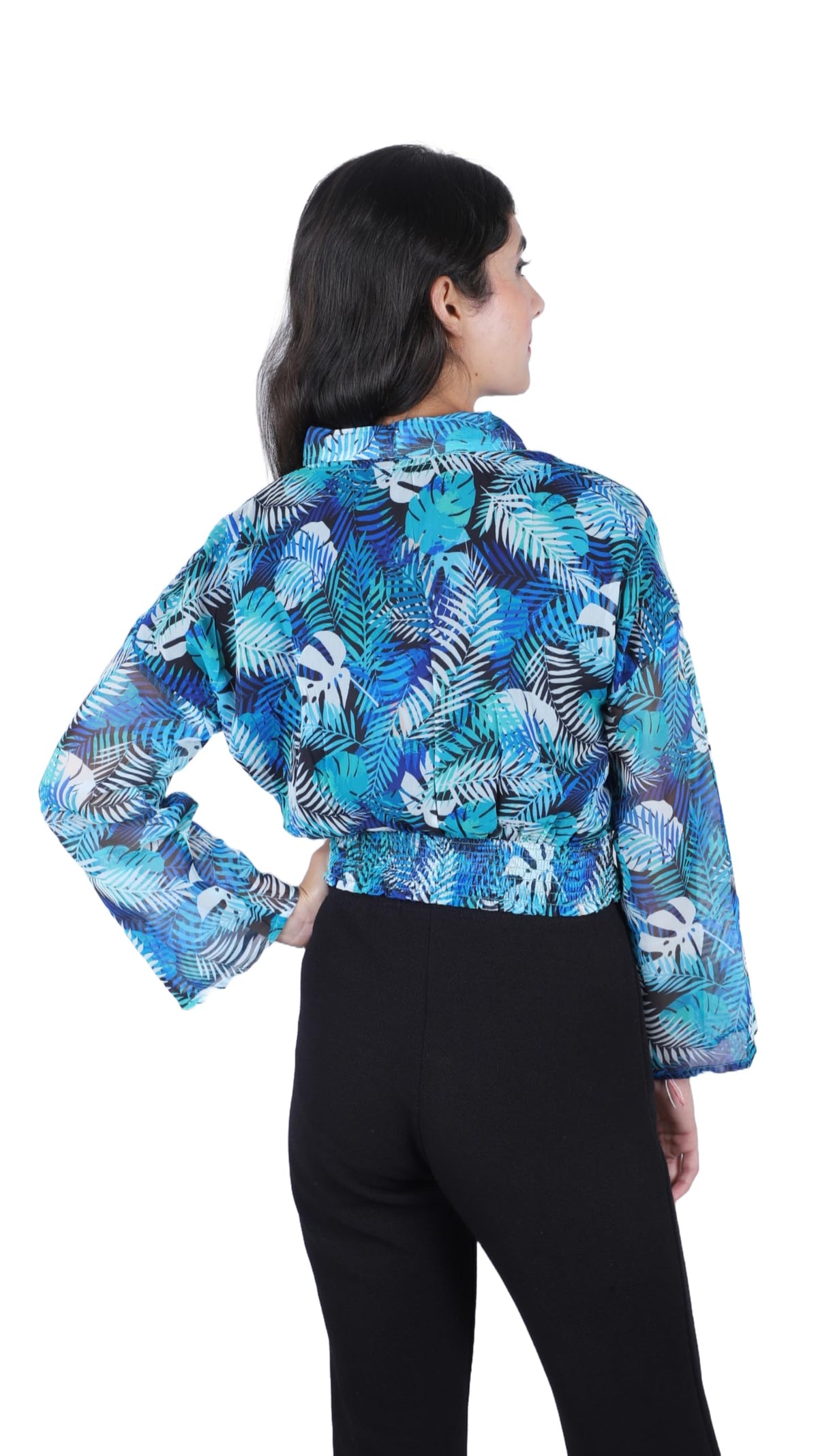 Slique Apparels Women Tropical Print Shawl Collar Crop Top (SLT-2301_Blue)
