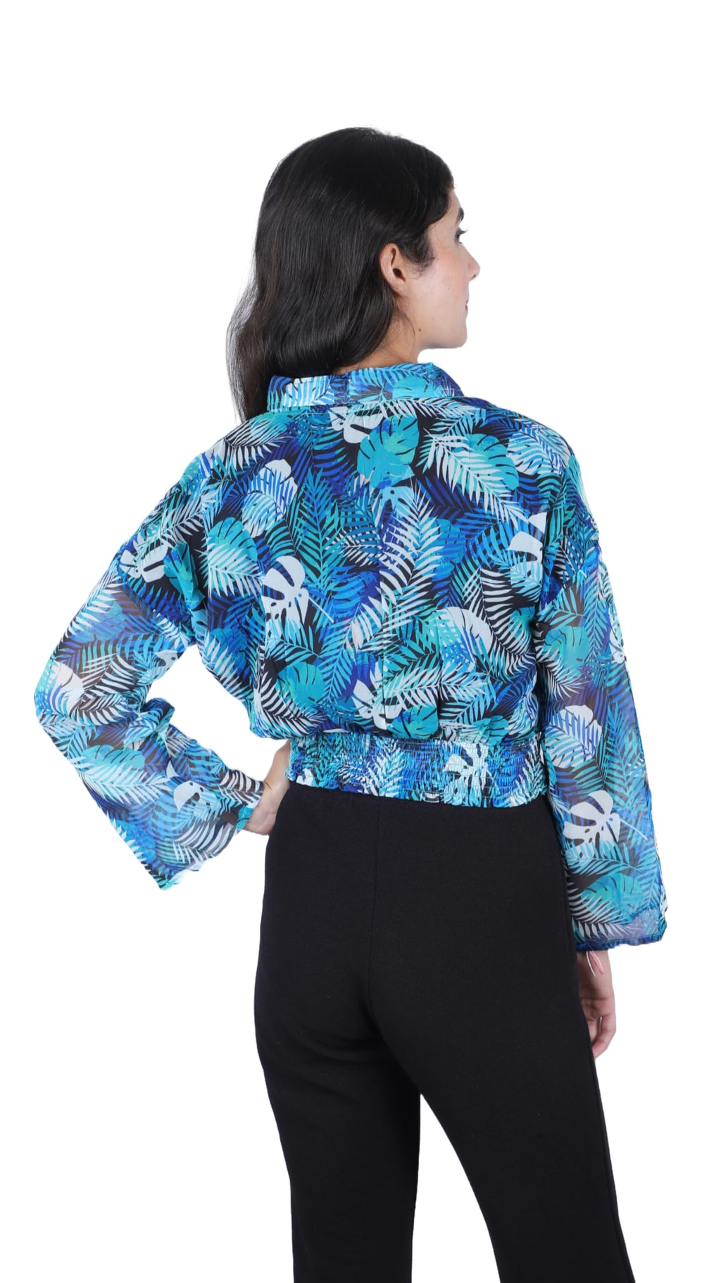Slique Apparels Women Tropical Print Shawl Collar Crop Top (SLT-2301_Blue)