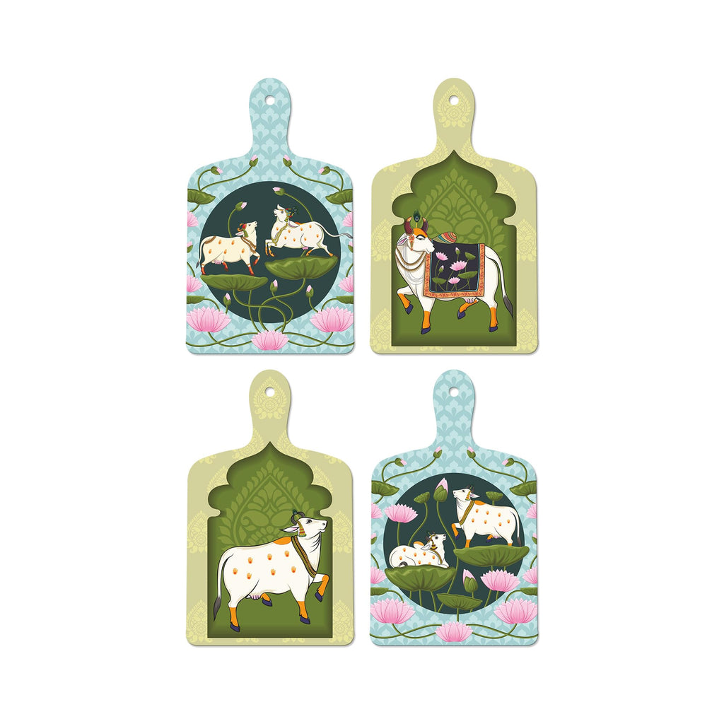 Artvibes Sacred Cows On Lotus Modern Pichwai Art Wooden Wall Hanger for Home Decor | Handcrafted Art | Festive Decor | Wall Illustrations | Paintings For Wall | Gift Items (WH_5644N), Set of 4