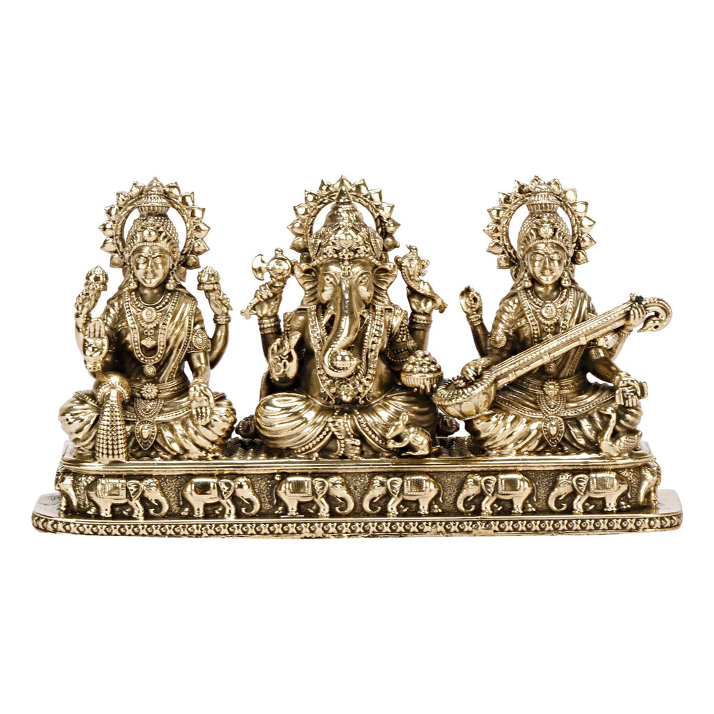 ARTVARKO Brass Laxmi Ganesha Saraswati Idol Lakshmi Ganesh Sarasvati Murti Statue Pooja Gift and Home Décor (Small Size 13.5x3x7 cm, 275 Gram)
