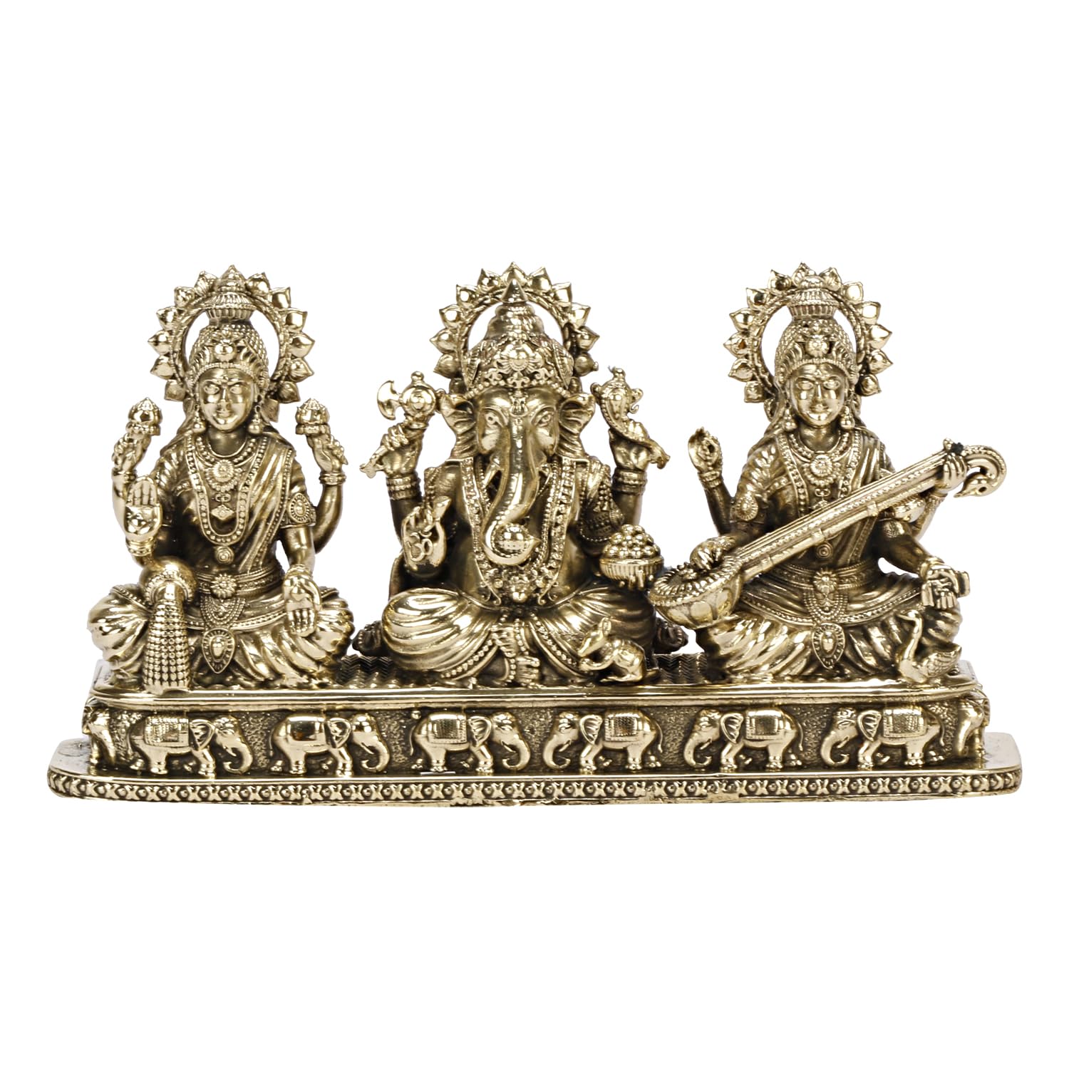 ARTVARKO Brass Laxmi Ganesha Saraswati Idol Lakshmi Ganesh Sarasvati Murti Statue Pooja Gift and Home Décor (Small Size 13.5x3x7 cm, 275 Gram)
