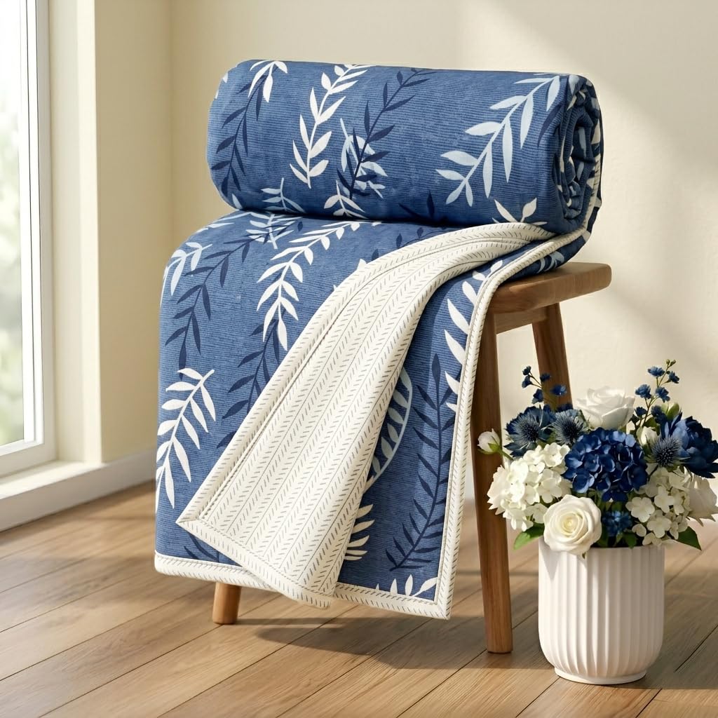 HOMEKART Premium 100% Cotton Dohar for Single Bed | Reversible AC Blanket | Lightweight All Season Comforter | Soft & Breathable Summer Quilt for Adults | 150 GSM | 88 x 58Inches (Sapphire Fern) Kafalo