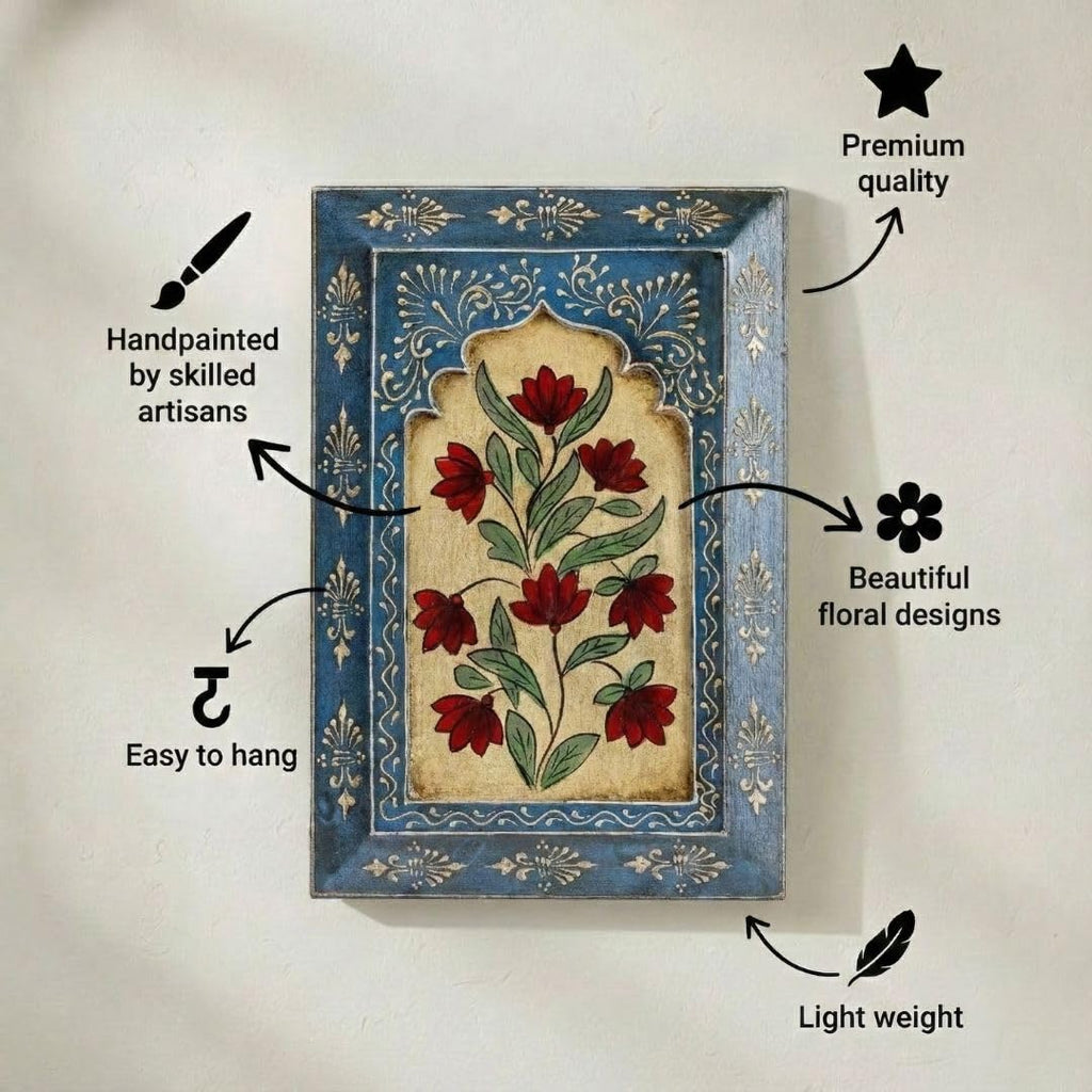 ATRANGI STUDIO Handpainted Wooden Wall Frame | Rajasthani Traditional Craft | Decorative Floral Wall Hanging Art for Living room, Bedroom, Office | 12×8 Inch, Blue
