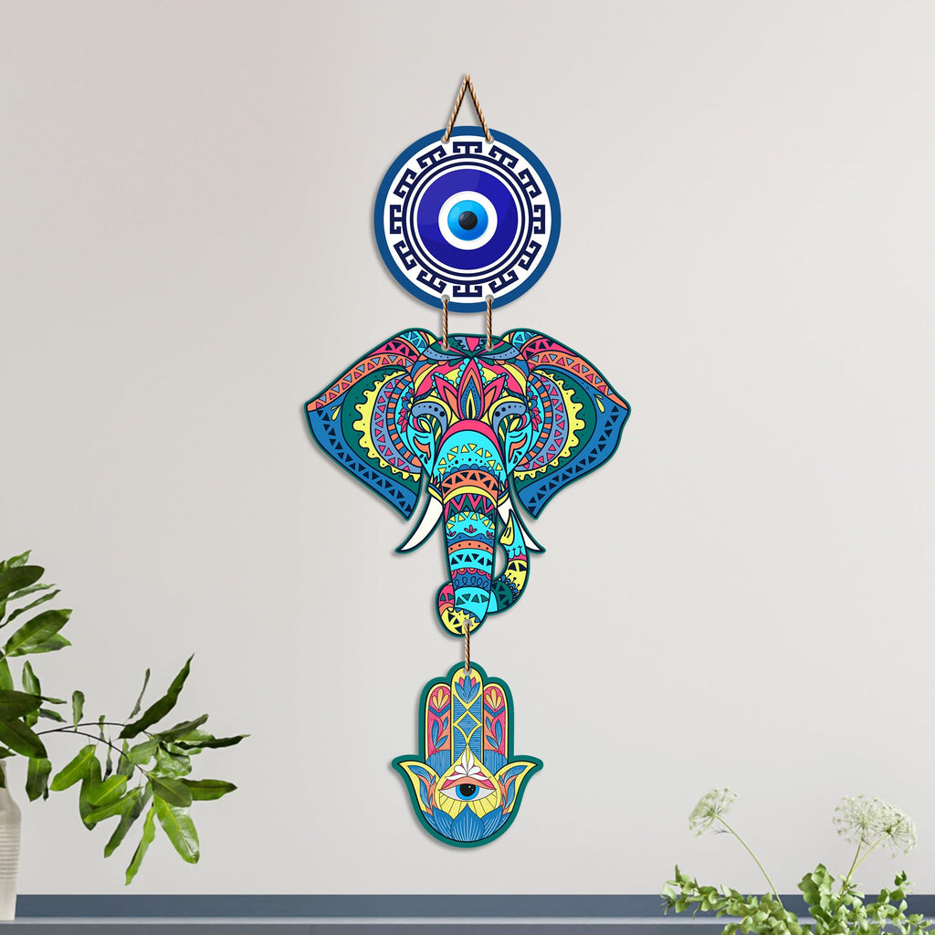 Artvibes Elephant Evil Eye Wall Hanging for Home Entrance | Lucky Elephant Nazar Battu MDF Wall Decor | Vastu Decorative Art for Living Room | Bedroom | Office | Main Door | Unique Gift (WH_8547N)