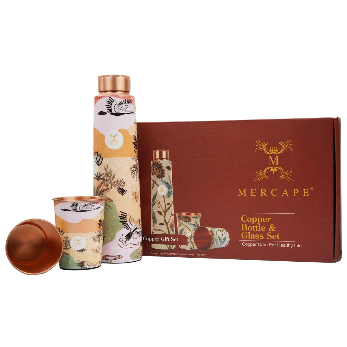 MERCAPE® Meena Print Pure Copper Water Bottle Gift Set with 2 Copper Glasses (300 ml Each) | Leak Resistant Copper Bottle | Decorative Printed Design | Reusable Metal Drinkware Set | 900 ml