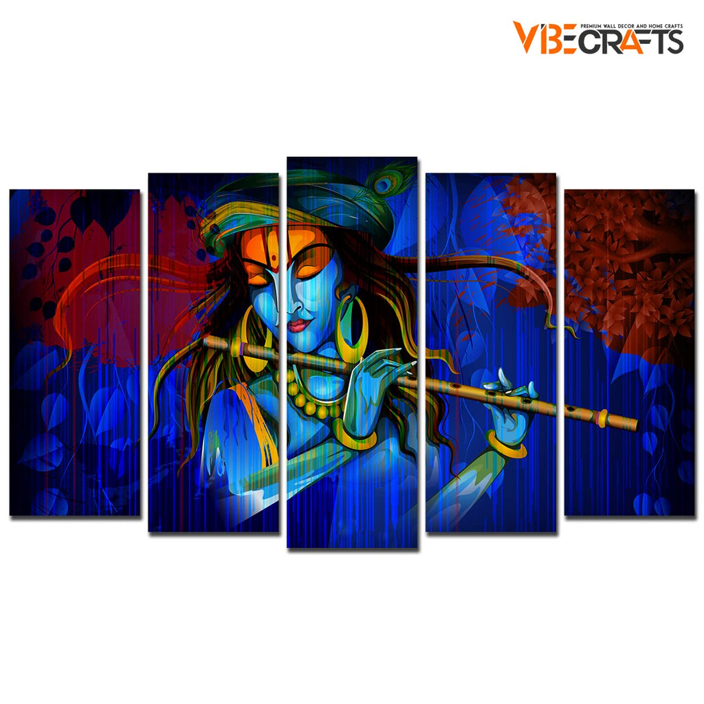 VIBECRAFTS 5 Pieces Shree Krishna Playing Flute Canvas Wall Painting For Home|Office|Living Room|Gift (PTVC5Pcs2_6508)