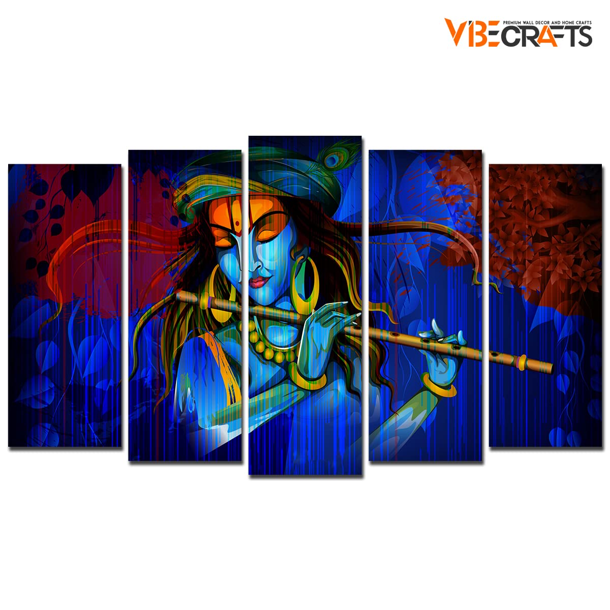 VIBECRAFTS 5 Pieces Shree Krishna Playing Flute Canvas Wall Painting For Home|Office|Living Room|Gift (PTVC5Pcs2_6508)