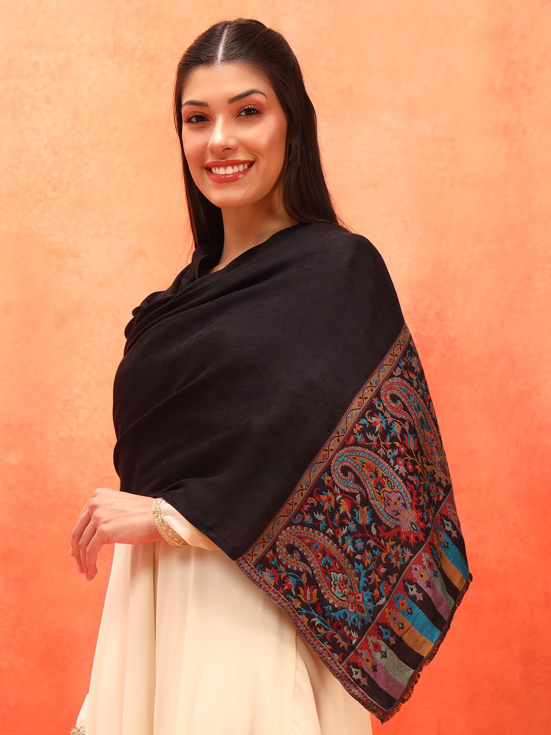 Pashmoda Women Gulpari Kaani Stole, Authentic Kashmiri Luxury Pashmina Style Shawl, Stole, (Size 28x80 Inches, Black Color) MAVST06