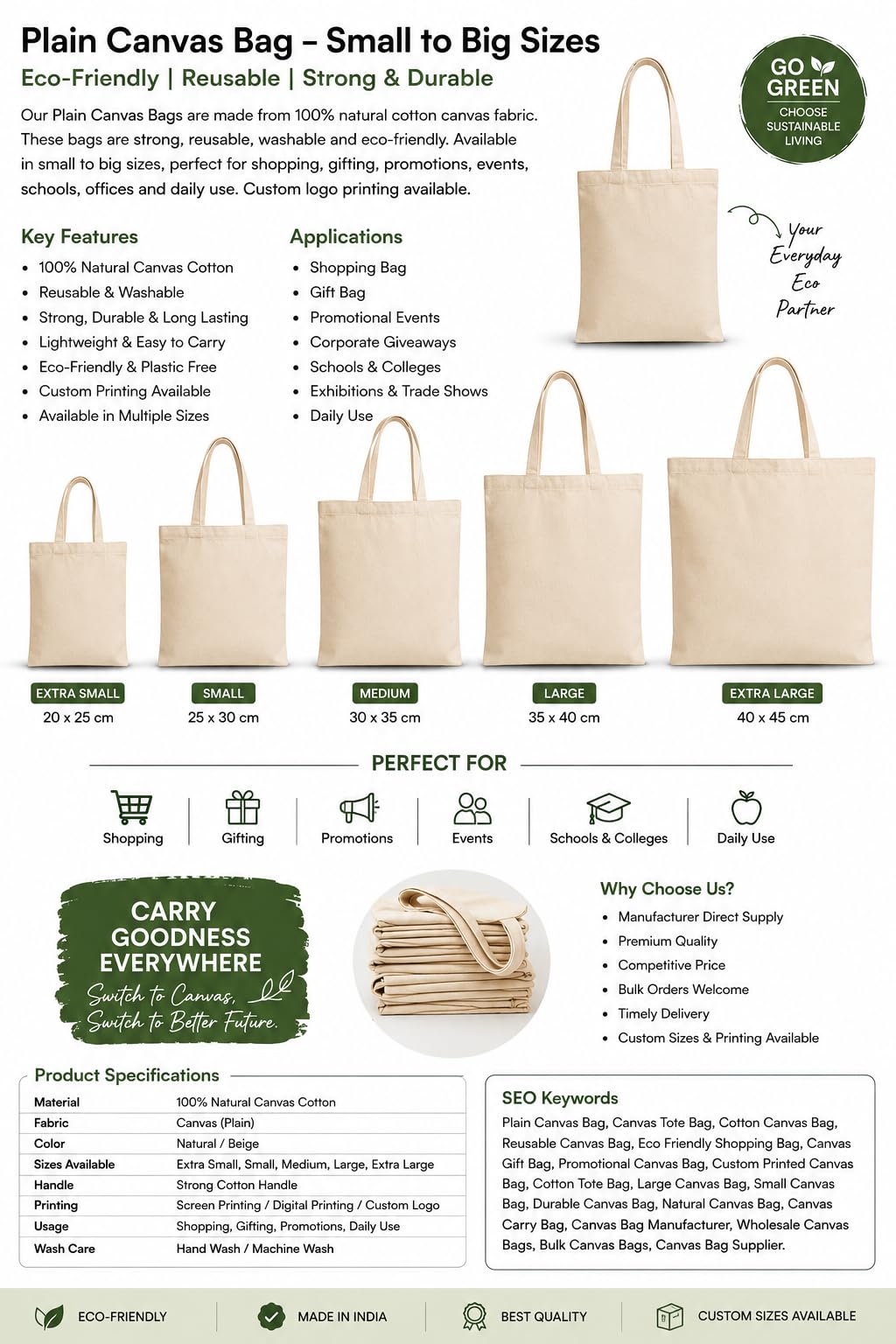COTTON Tote Bag 100% Cotton - SET OF 3