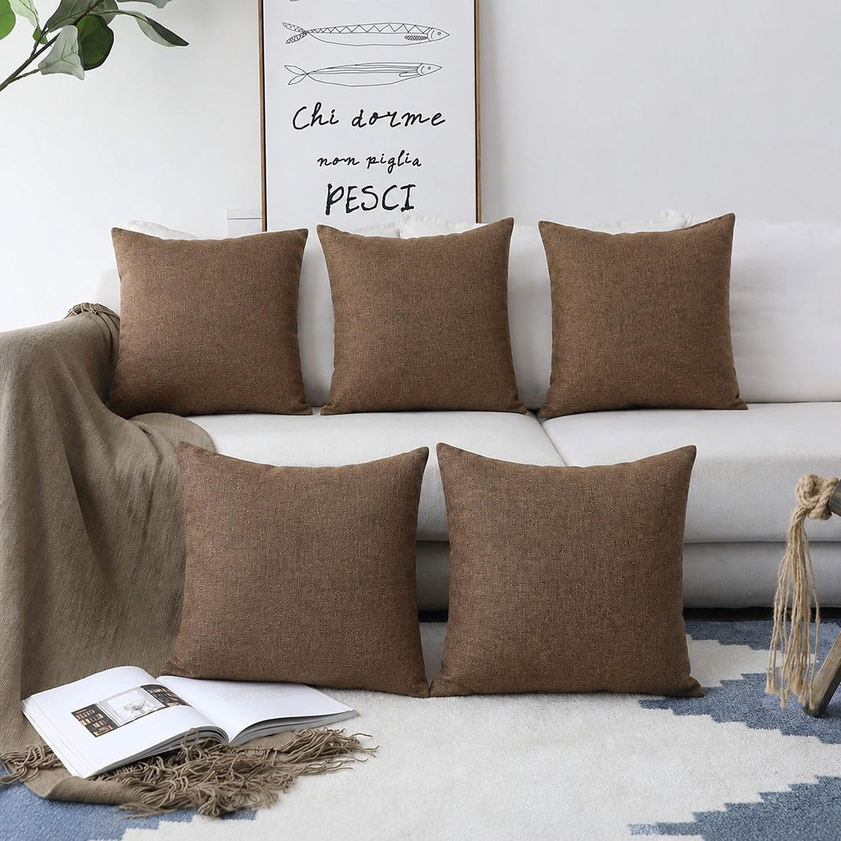 Khooti Jute Cushion Cover | 14x14 | Brown | Set of 5 | Throw Pillow Cover for Couches, Chairs, Sofas, Beds, Coffee Tables, Living Rooms, Bedrooms, Modern Boho Design