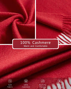 EURKEA 100% Cashmere Fringed Scarf in Solid Colors with Gift Box for Women, Red, Free Size