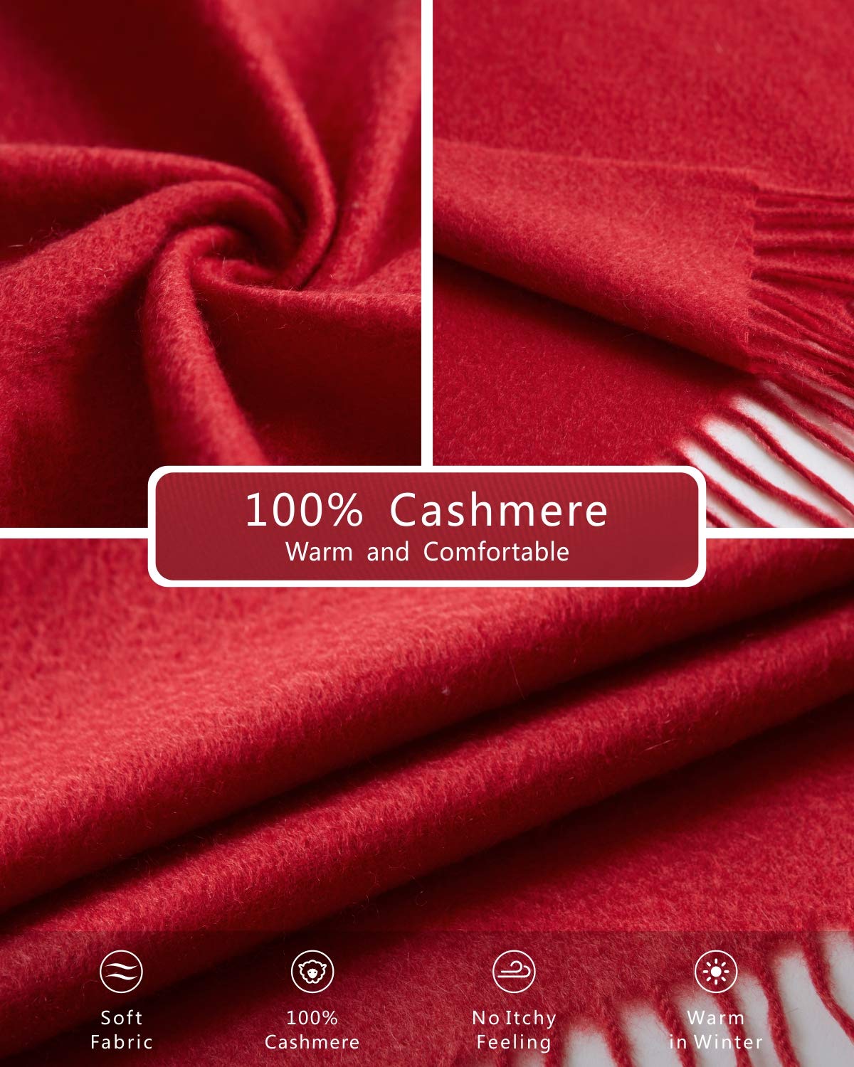 EURKEA 100% Cashmere Fringed Scarf in Solid Colors with Gift Box for Women, Red, Free Size