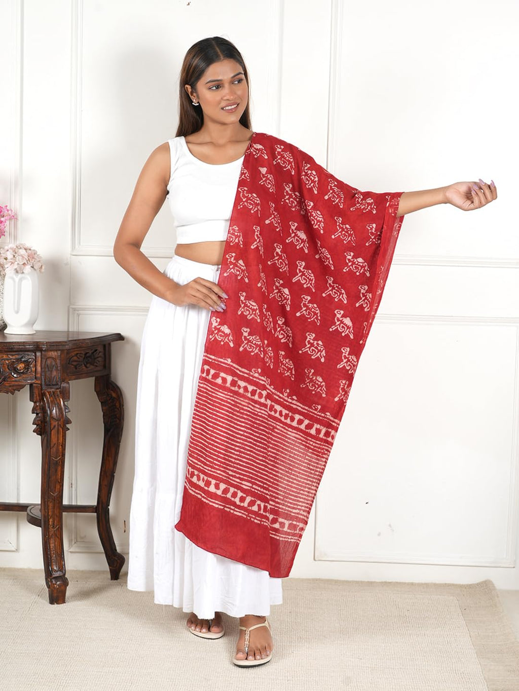 Gutthi Women's Cotton Stoles | Scarf Lightweight & Comfortable for All Seasons, Size (100X180 CM) (Red)