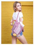 MSK Looms Eco Friendly Light Weight Cotton Net String Bag with Long Handle, Reusable Produce Bag for Fruits and Vegetable - Onion Pink