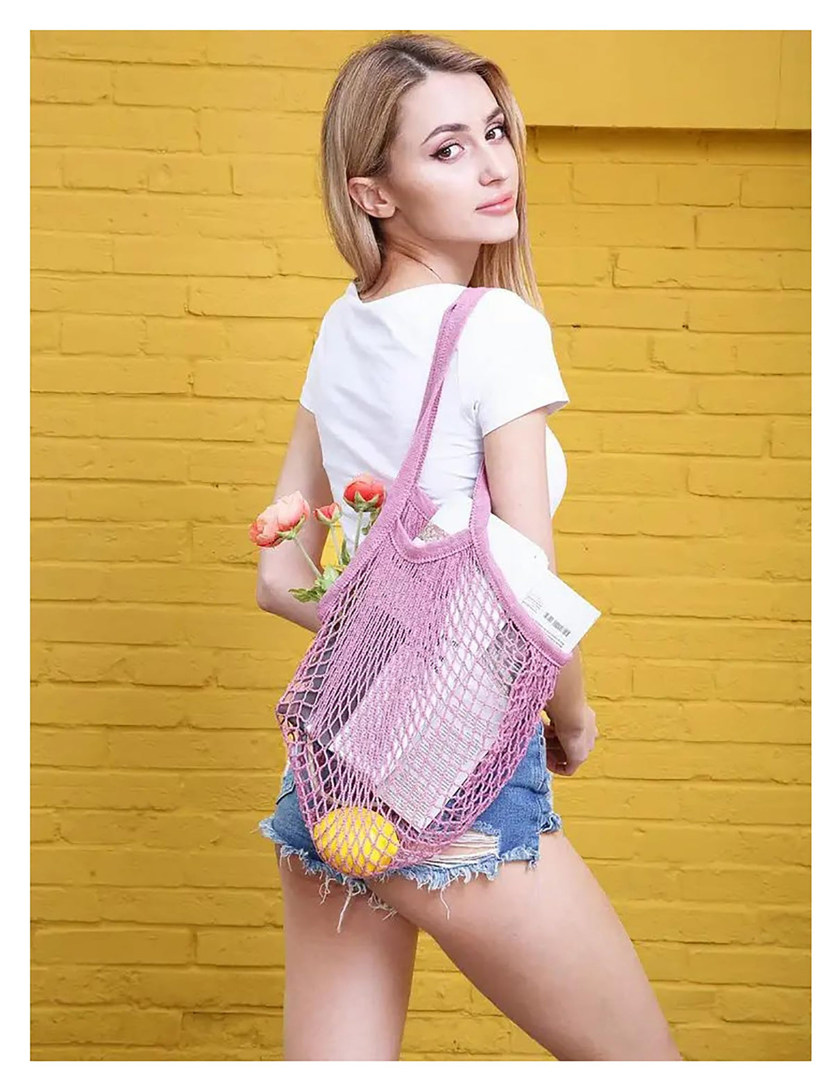 MSK Looms Eco Friendly Light Weight Cotton Net String Bag with Long Handle, Reusable Produce Bag for Fruits and Vegetable - Onion Pink