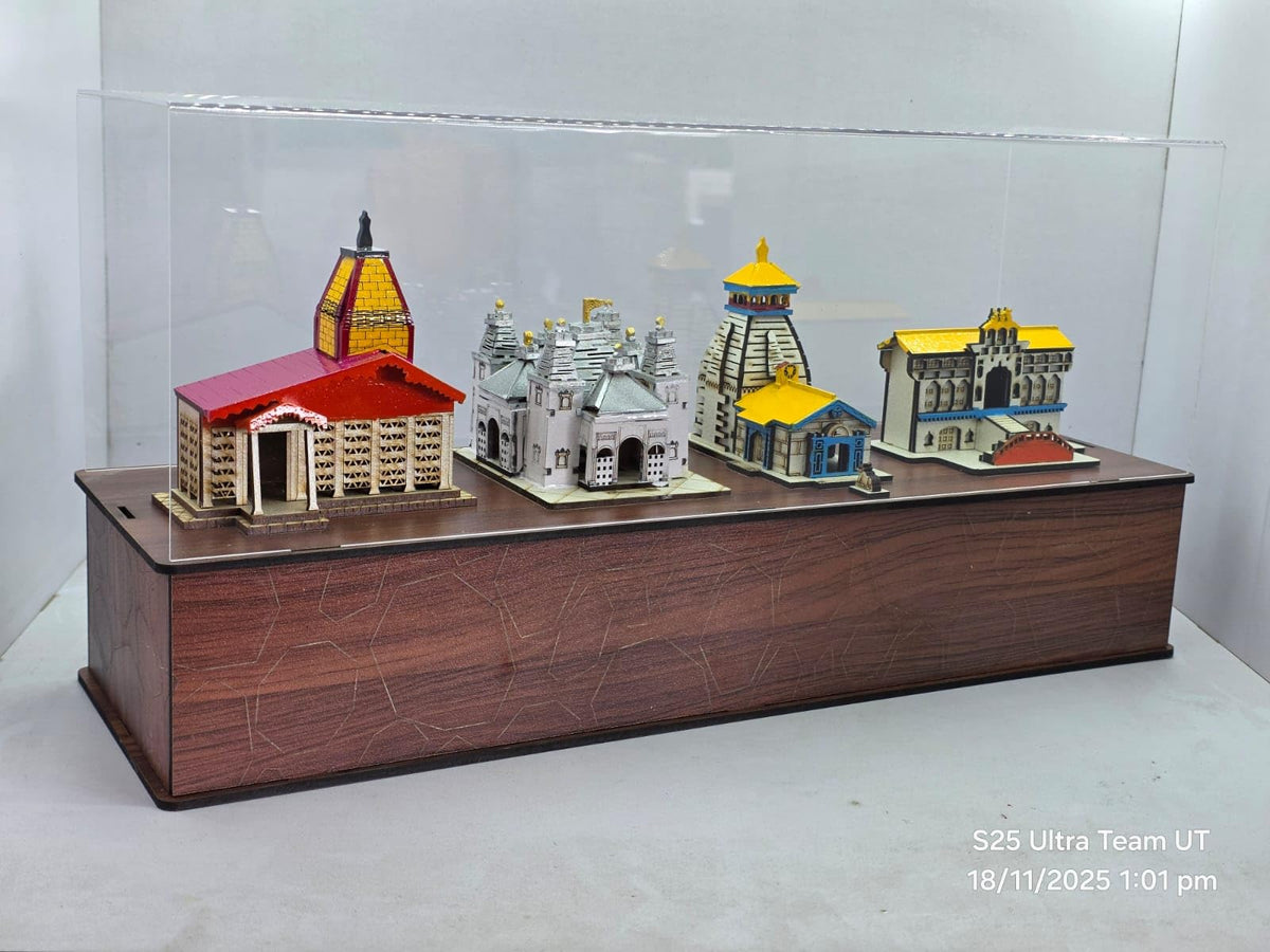 Wooden Chardham Mini Set Acrylic, Decorative Temple Model Collection with Display Case 18inch