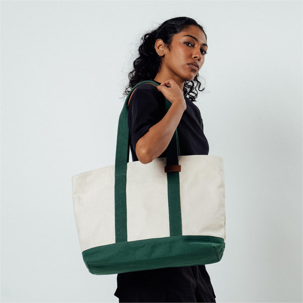 DailyObjects Ivory-Forest Green Field Tote Bag |Canvas Tote Shoulder Bag Fits upto 14 Laptop for Women and Men Work & Daily Use |Handcrafted from premium cotton canvas perfect for Work & Daily Use