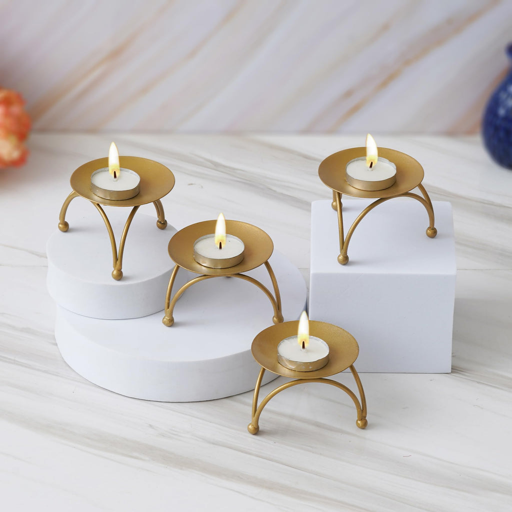 Set of 4 Decorative Handcrafted Golden Metal Tea Light Candle Holder Stand - Elegant Home Decor, and Thoughtful Gift for Diwali, Christmas, Festive Celebrations - Perfect for Home, Parties, Weddings