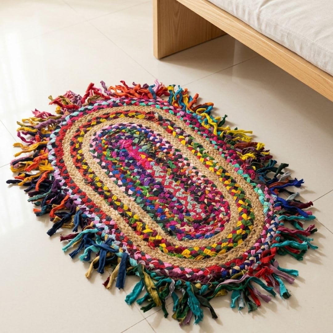 ATRANGI STUDIO Oval Jute Mat | Handwoven Braided Design Mat | Circular Floor Rug for Living Room, Bedroom, Reading Corner | Boho Home Decor | 30x18 inch, Multicolour