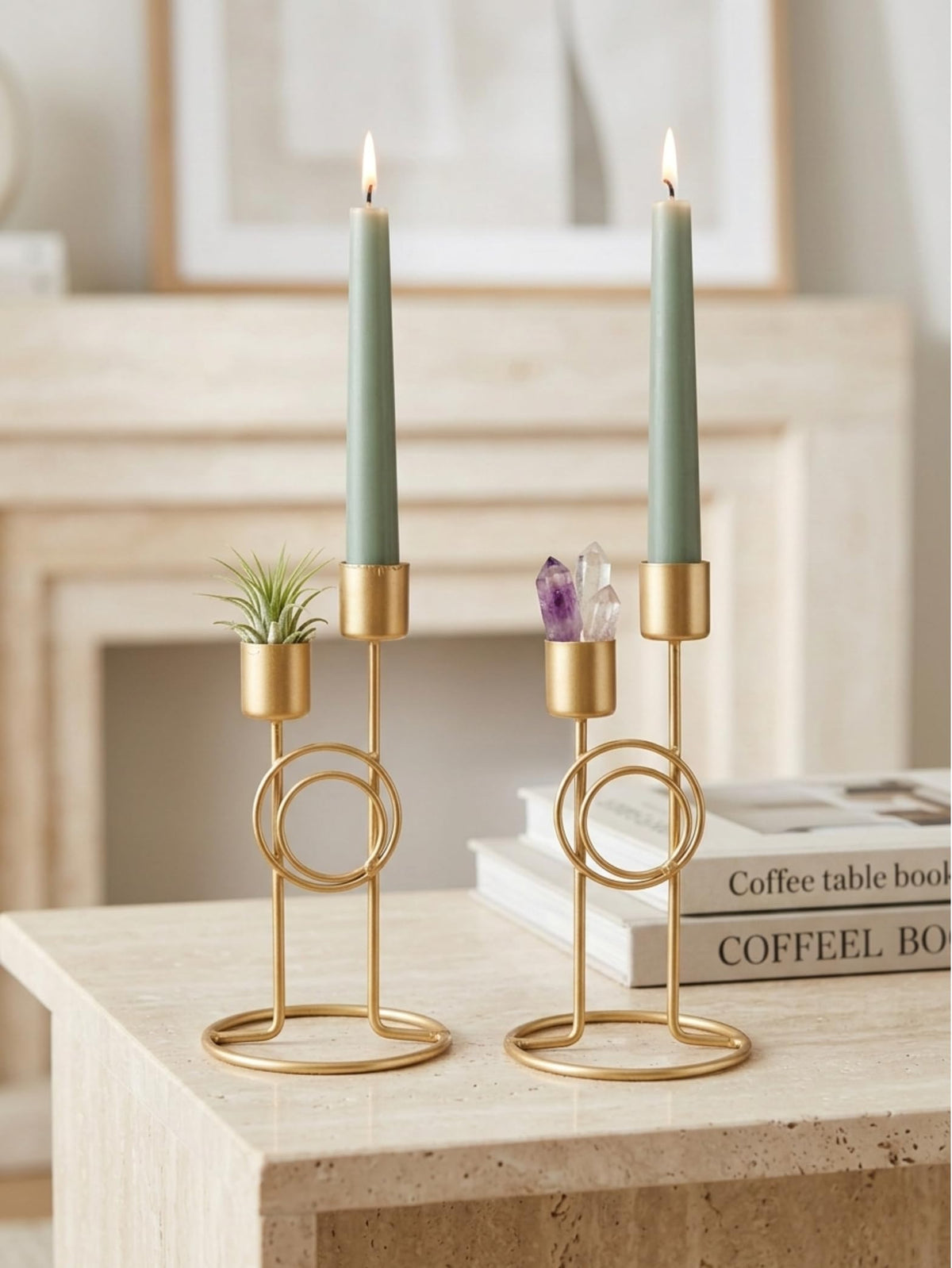 Modern Iron Double Candle Holder Set of 2 – Gold Metal Decorative Candle Stand for Home Decor, Table Centerpiece for Living Room Dining Table Bedroom (6.5 x 3.5 Inches) – Candles Not Included