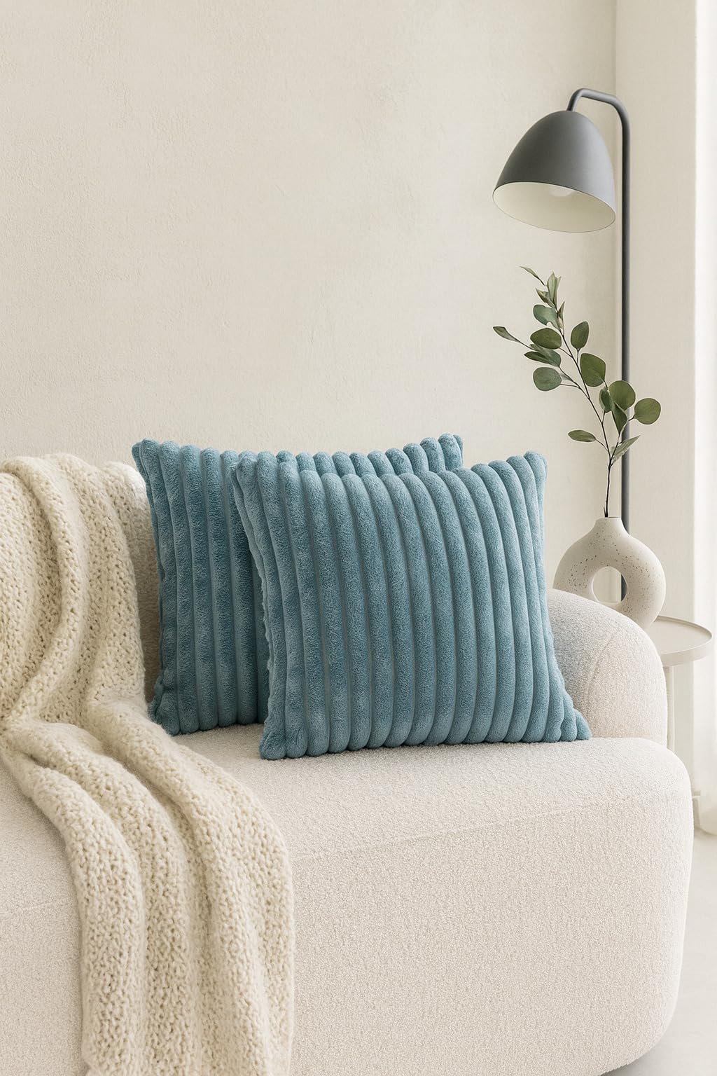 AWARD VELVETS Premium Faux Rabbit Fur Plush Luxury Soft Fluffy Striped Decorative Throw Pillow/Cushion Covers for Sofa, Couch, Living Room - (Blue, 16 x 16 inch) Set of 2