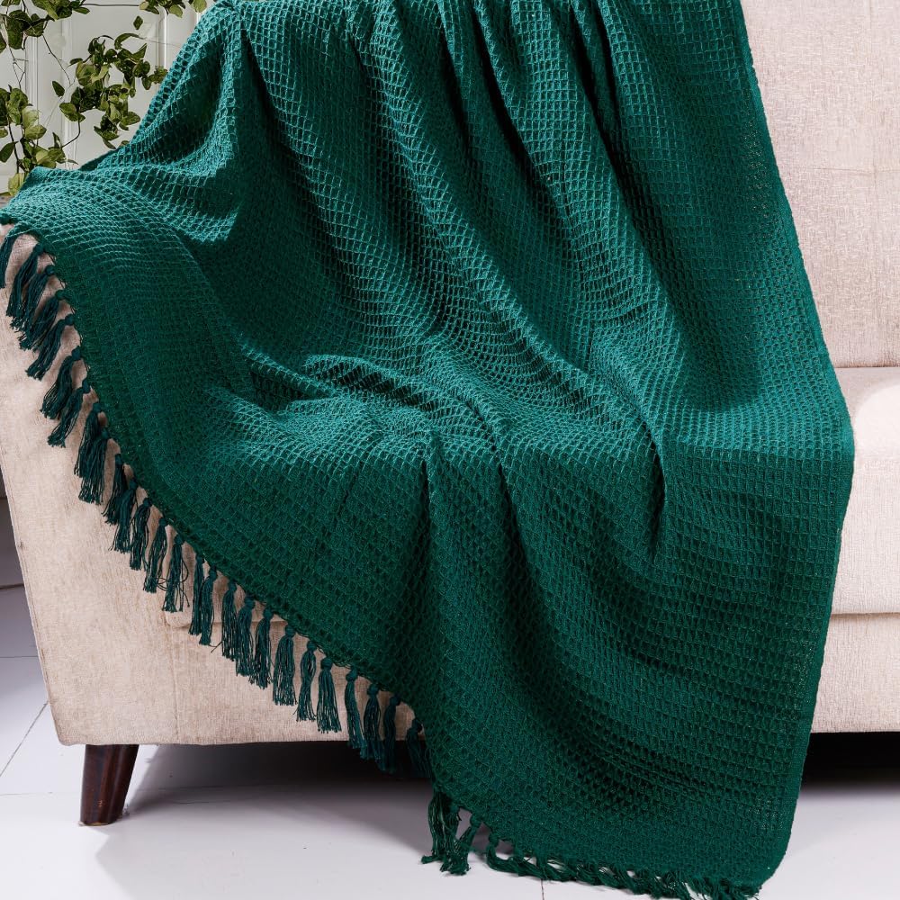 KNIT VIBES 100% Cotton Waffle Weave Sofa Throw Blanket 50x60 Inches or 125x150 cms Lightweight, Soft & Breathable Couch, Bed or Chair Throw Blanket for Living or Bedroom, Bottle Green Kafalo