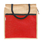 JUTEKA Front Zip Pocket Red color Jute Bag for Lunch, Office, Grocery, Picnic, Tiffin, Shopping Hand Bag with padded cotton handles