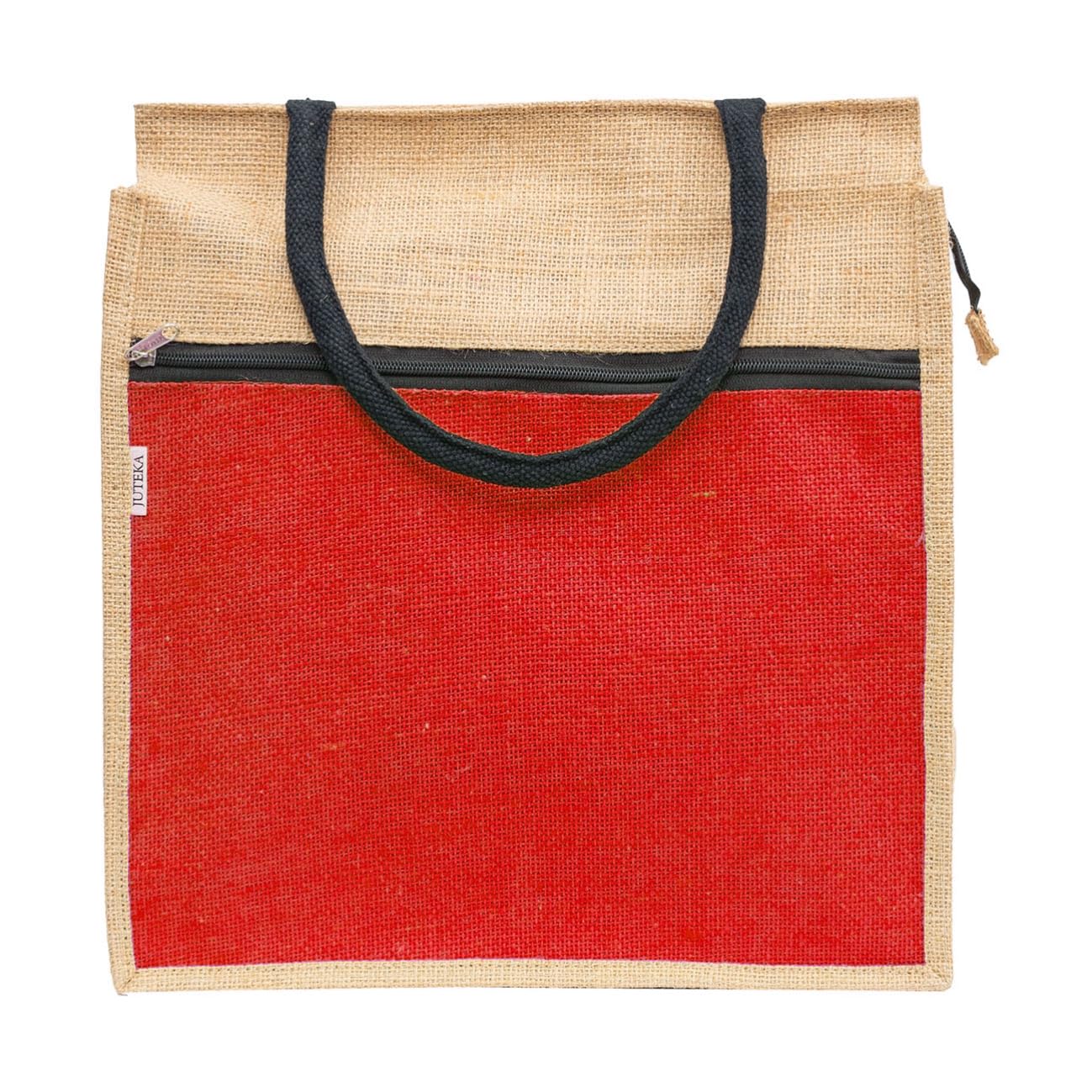 JUTEKA Front Zip Pocket Red color Jute Bag for Lunch, Office, Grocery, Picnic, Tiffin, Shopping Hand Bag with padded cotton handles