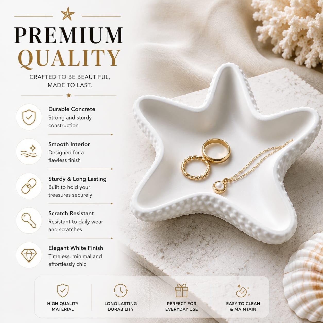 SANGU BRAND Starfish Trinket Tray for Jewellery, Decorative Catchall Dish, Ring Holder, Vanity Organizer, Makeup Display, Bathroom Counter & Home Décor, White | Pack of 1