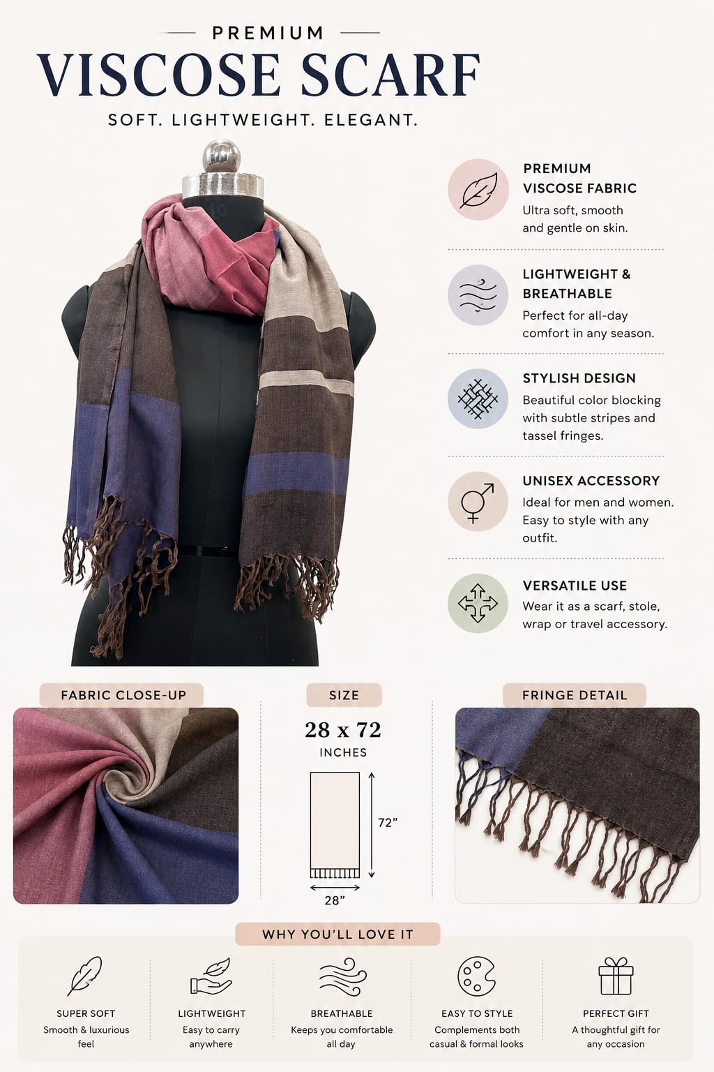 Premium Viscose Scarf for Women & Men | Soft Lightweight Fashion Stole | Breathable Wrap with Tassel Fringe | Large 28 x 72 Inch Shawl for Casual, Travel & Winter | Multicolour