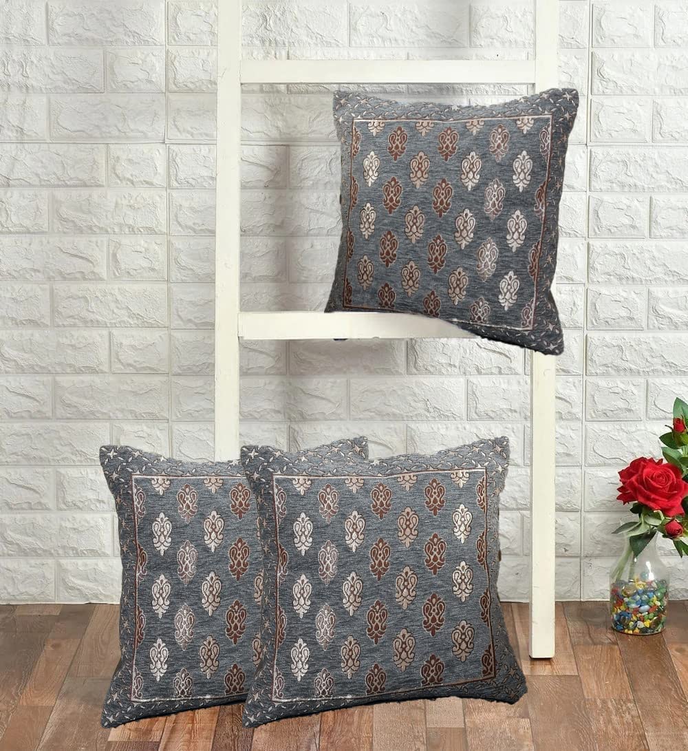 DECOMIZER Jacquard Geomteric Cushion Covers 24 Inch X 24 Inch Set Of 3 Ethnic Motifs 240 TC Cushion Covers,Design- Ambi,Color- Grey