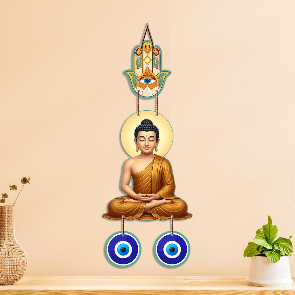 Artvibes Meditating Buddha Wall Hanging with Hamsa Hand and Evil Eye Protection Charm | Spiritual Home Decor for Meditation and Mindfulness | Decorative Hanging for Living Room | Yoga Space (WH_8599N)