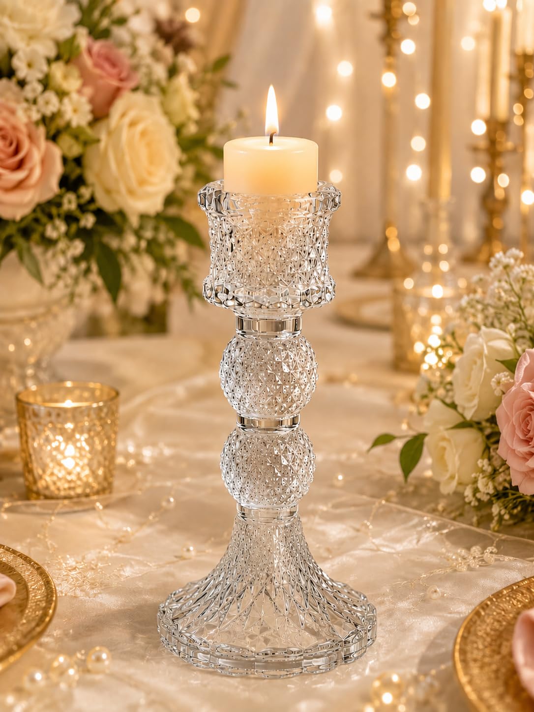 Pillar Crystal Glass Candle Holder of 2 Piece Set