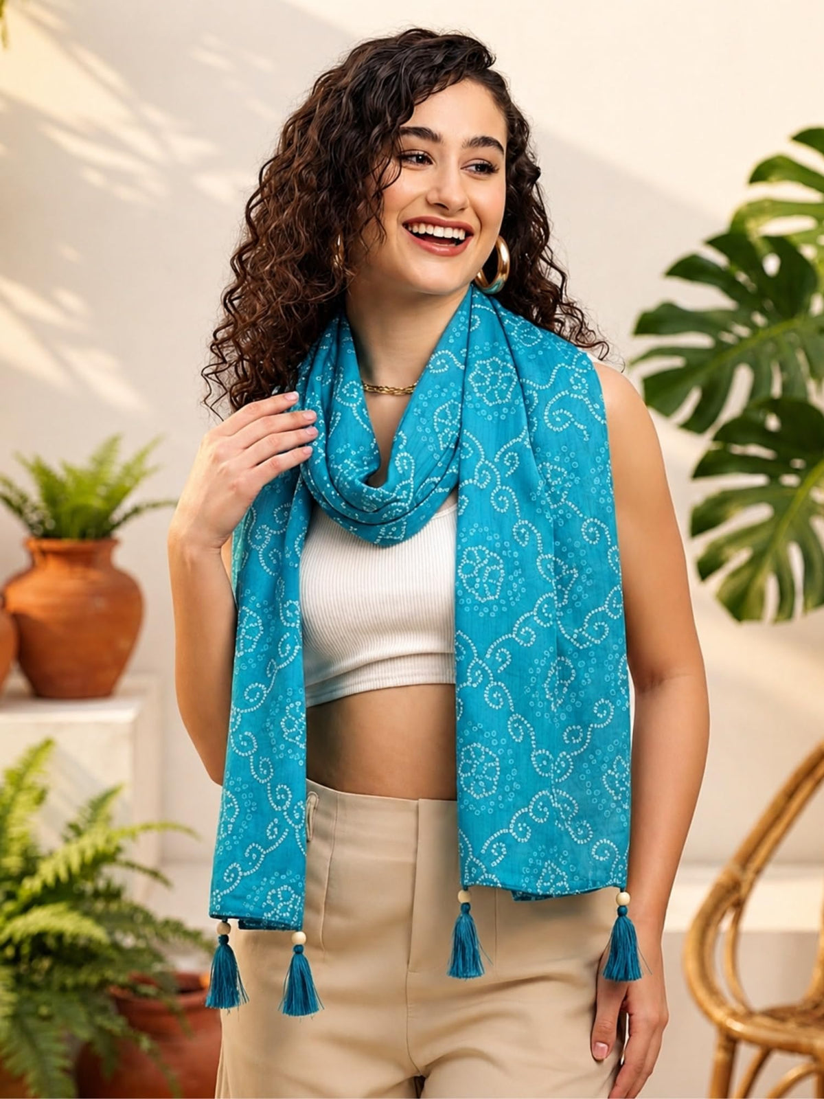 KE KANHA EXPORTS Cotton Scarf with Tassels|Bandhani Print Scarf for Women Stylish|Stole for Women|Breathable Boho Beach Summer Wrap|Multicolor Scarf|Easily Fits 180 * 50 CM