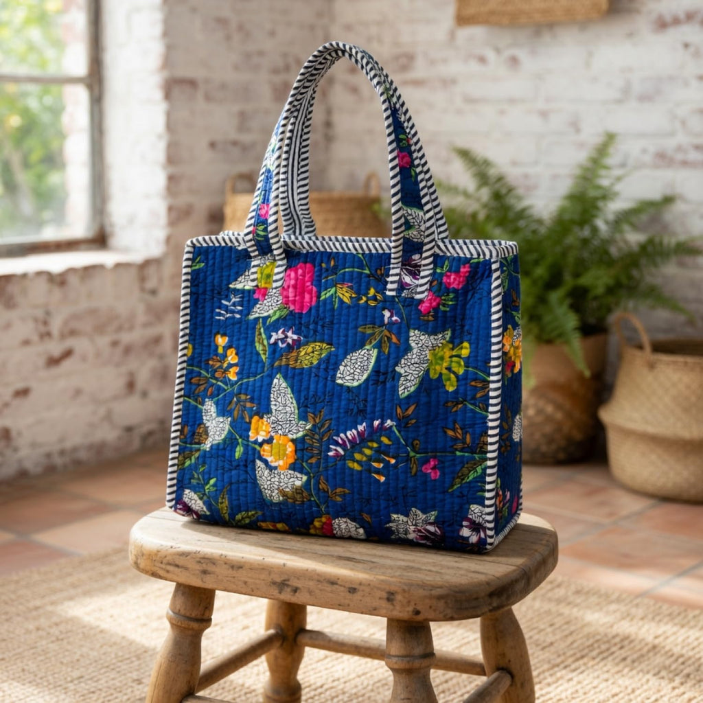 THREADORA LIVING Handmade Quilted Small Tote Bag With Zipper – 100% Cotton Floral Print Lunch Bag| Reusable Eco-Friendly Tote for Office, Travel, Shopping, Picnic & Gifting Handbag