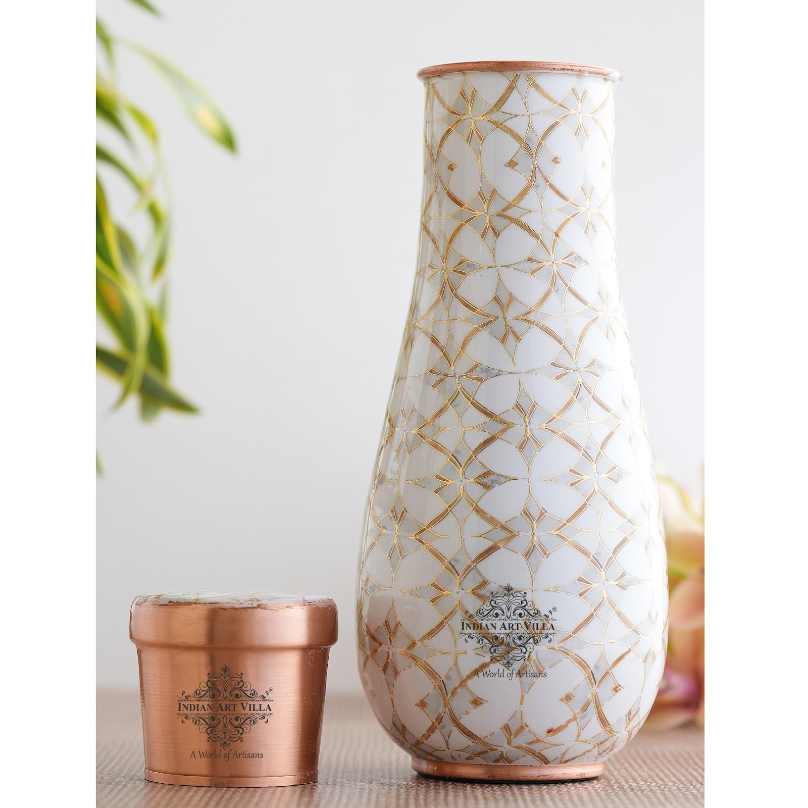 INDIAN ART VILLA Copper Gold Block Print Bedroom Bottle – Designer Drinkware, Stylish Copper Water Bottle for Home Use, Volume- 1500 ML