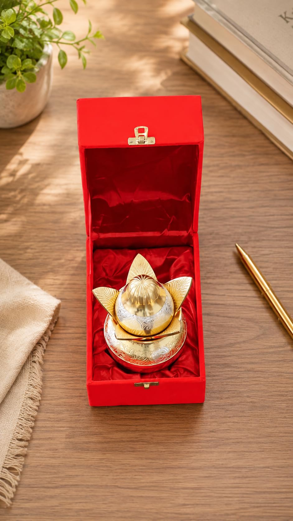 KridayKraft Gold-Silver Plated Pooja Kalash with Coconut, Leaves, and Royal Velvet Box Kalash Ideal Poojan Home, Temple, and Living Room Décor (Pack of 1)