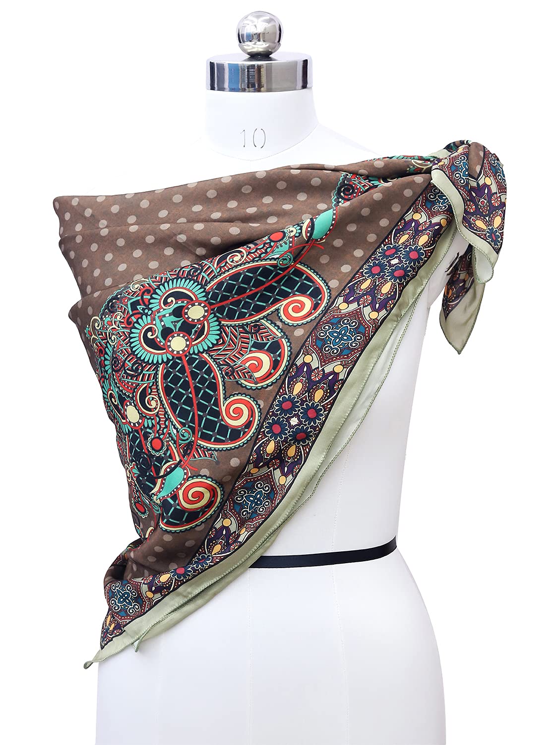 leeza store Women's Silk Scarf For Women, Taupe Brown Digital Printed, Floral Paisley Motifs With Polka Dots, 40 X 40 Stylish Stole & Headscarf