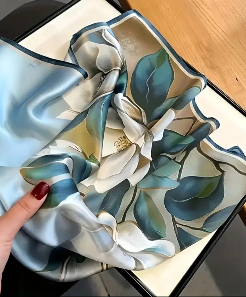 Silk Scarf, Multicolor Abstract Print, White Teal Gold, Square Neck Wrap, Satin Finish