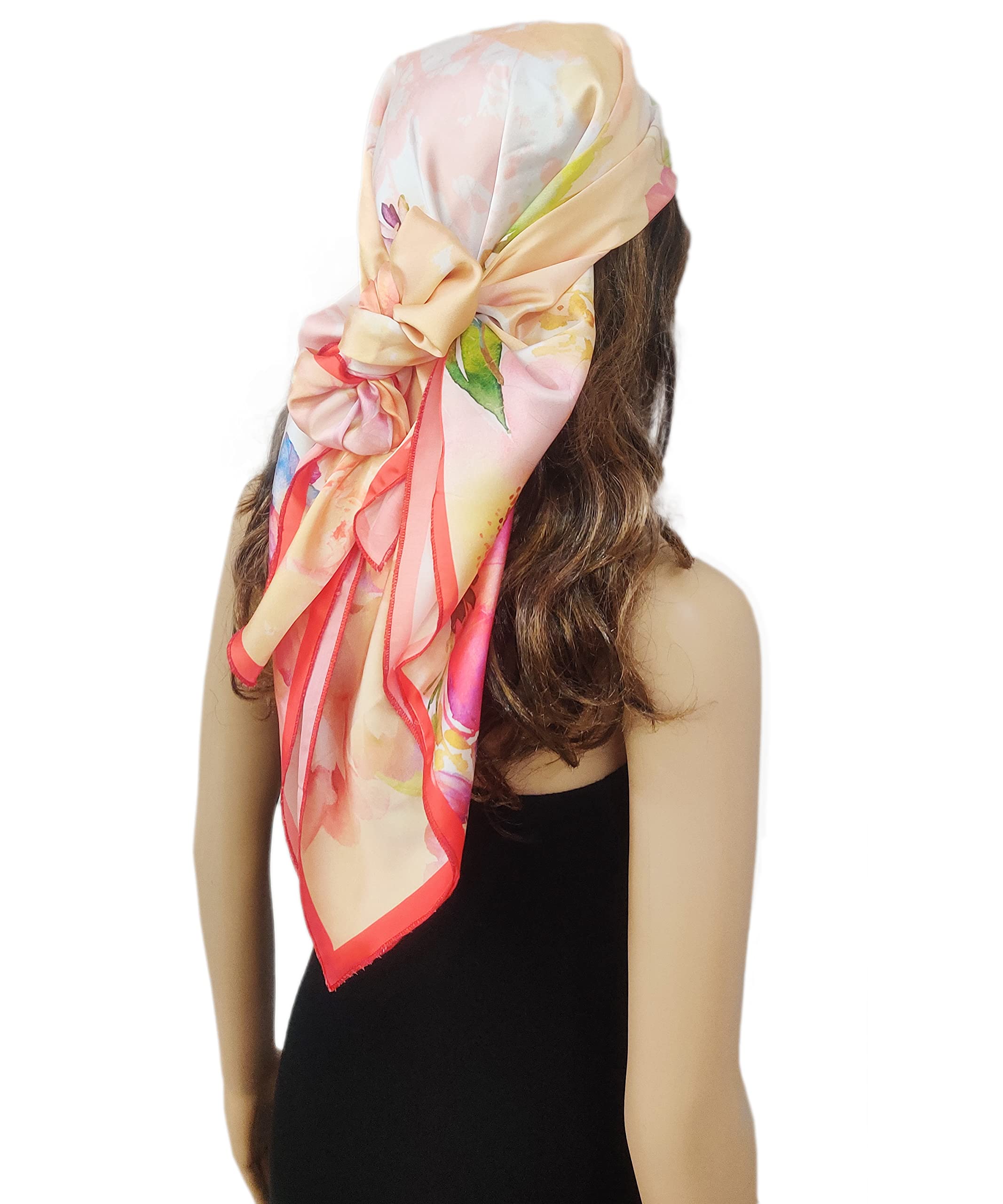 ONE ECHELON Satin Silk Scarf for Women Lightweight Fashion Scarves, Wrap in Floral Pattern for Spring Fall Summer (Yellow and Red), Female