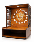 OSIYAN Wooden Temple for Home Wall Mounted with LED Light | Premium MDF Pooja Mandir for Home | Modern Decorative Mandir with Om Design & Storage Shelf | Brown Wooden Mini Temple for Home Decor