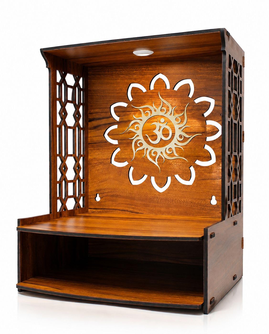 OSIYAN Wooden Temple for Home Wall Mounted with LED Light | Premium MDF Pooja Mandir for Home | Modern Decorative Mandir with Om Design & Storage Shelf | Brown Wooden Mini Temple for Home Decor