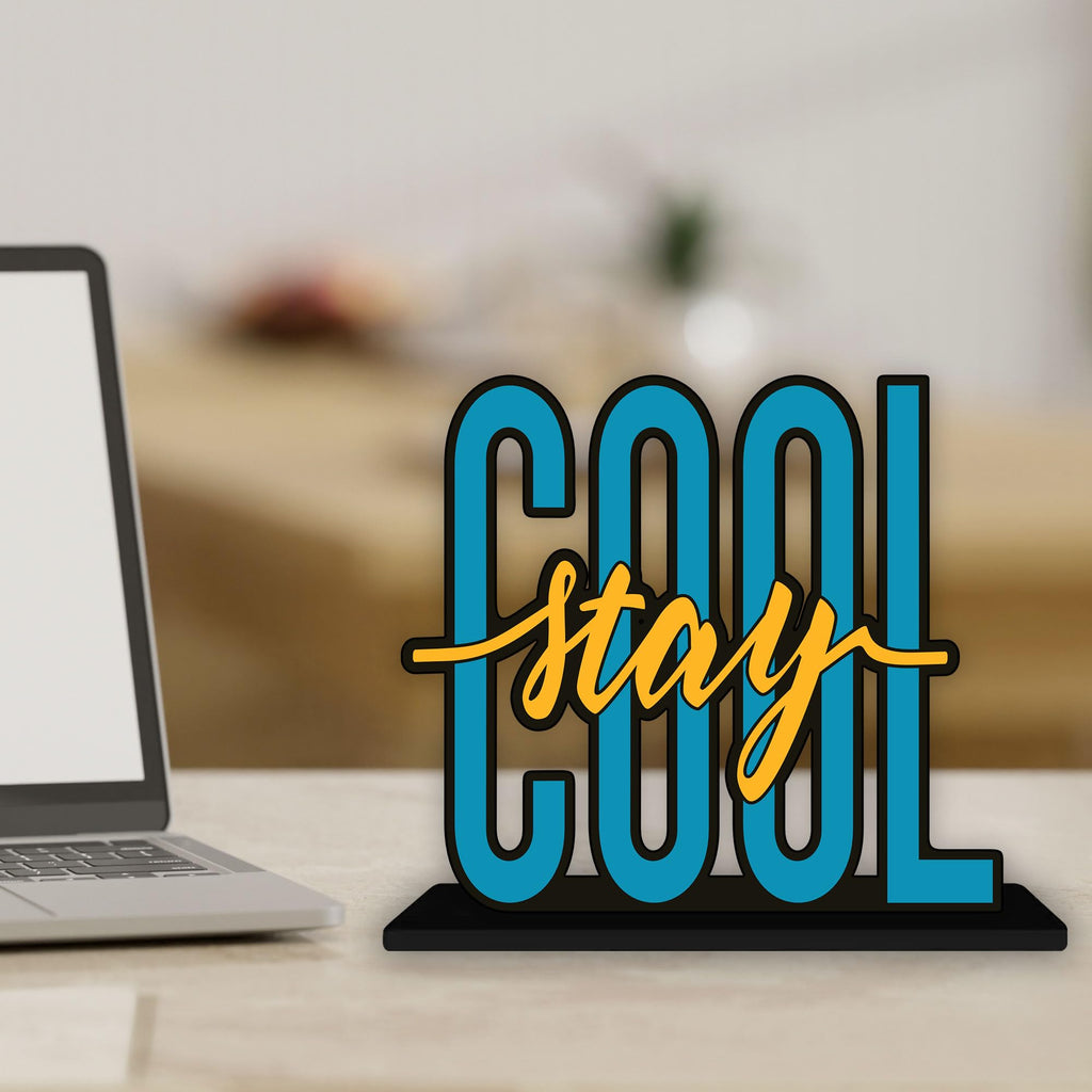 Artvibes Wooden Idols and Figurine Stay Cool Quotes Table Decoration for Office Desk | Home Decor Items | Living Room | Modern Art Wood Showpiece Gift Items (SP_1149), Inspirational