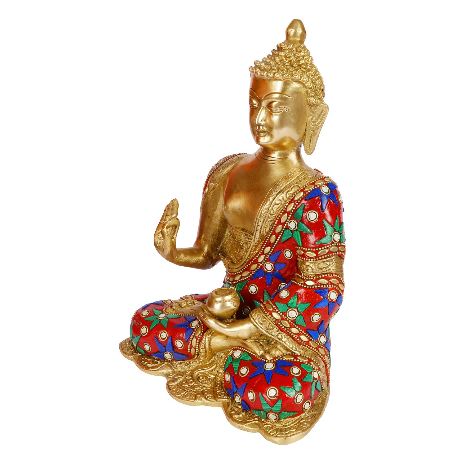 Svarup Brass Gautam Buddha Idol Statue Murti Draped in Stone Embellished Shawl for Home Decoration Blessing Buddha Height 10 Inch Weight 3.5 Kg Color Multicolor