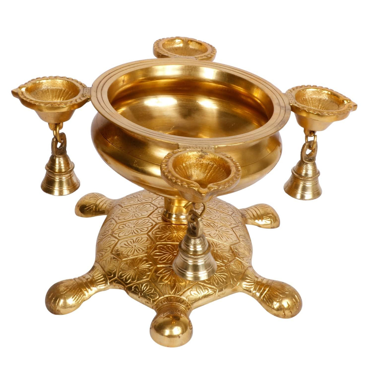 Svarup Brass Oil Lamp Diya with Urli on Tortoise: Ideal for Temple Decor, Kapoor/Kapur Burner, and Table Decoration